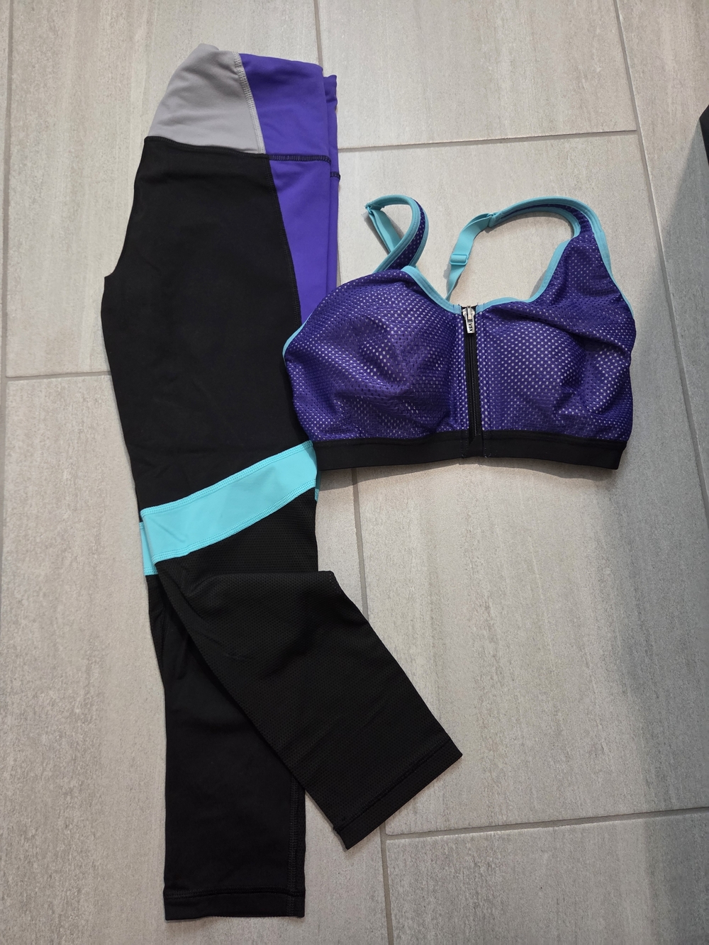 VSX Purple and Teal Sports Bra with Black Leggings